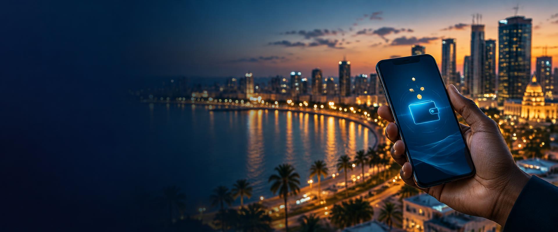 Mobile payments in Luanda at dusk